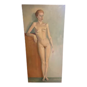 Mid Century French Life Size Figurative Nude Lady Female Portrait Original Oil Painting Attributed to Jose Vilato Ruiz Fin (1916-1969).