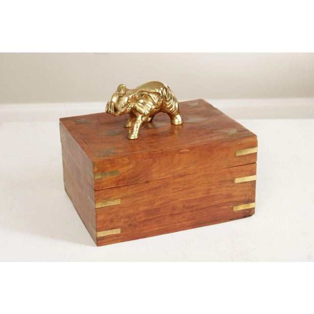 High Quality Brass Mounted and Inlaid Teak Humidor Cigar Box, Topped with Polished Brass Elephant