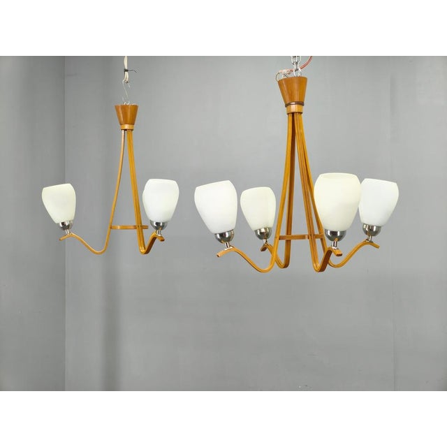Mid-Century Czech Wood and Glass Chandeliers by Dřevo Humpolec, 1970s, Set of 2 For Sale - Image 3 of 15