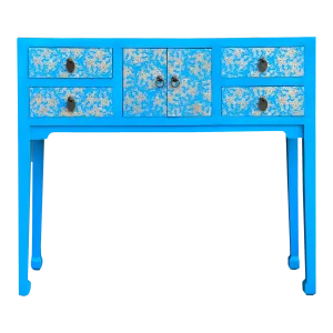 Bright Blue Lacquer Golden Flower Graphic Drawers Slim Foyer Side Table
