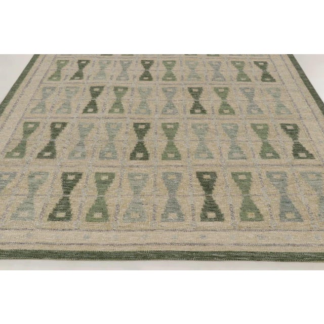 Rug & Kilim Rug & Kilim's Scandinavian Style Custom Rug With Green & Ivory Hourglass Design For Sale - Image 4 of 10