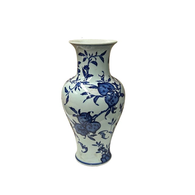 Chinese Vintage Chinese Blue White Fruits Flowers Graphic Porcelain Art Vase For Sale - Image 3 of 13