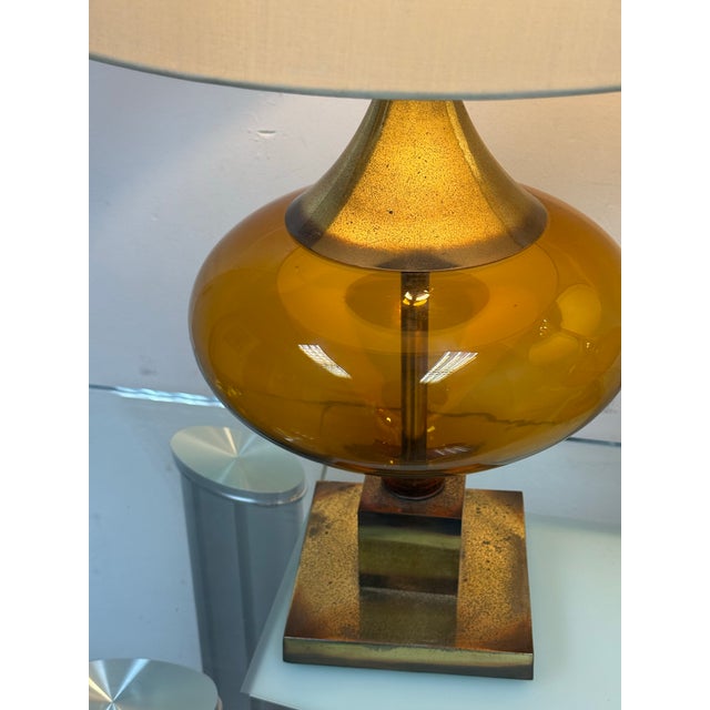 Glass Late 20th Century Italian Murano Inspired Amber Glass Table Lamps, Pair For Sale - Image 7 of 12