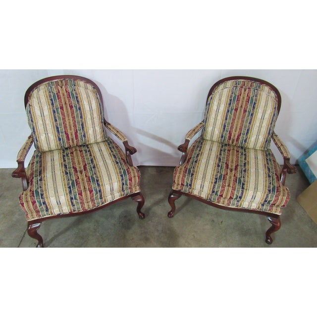 Item: Pair Designer Chairs Details: Great Carvings Great Designer Look/Quality Piece Nice Fabric Nice Oversized Signed...