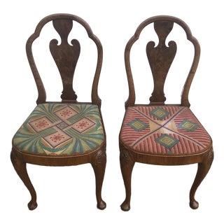 Early Twentieth Century Antique Queen Anne Revival Side Chairs With Original Tapestry/Needlepoint Upholstery, His and Hers, Near Pair For Sale