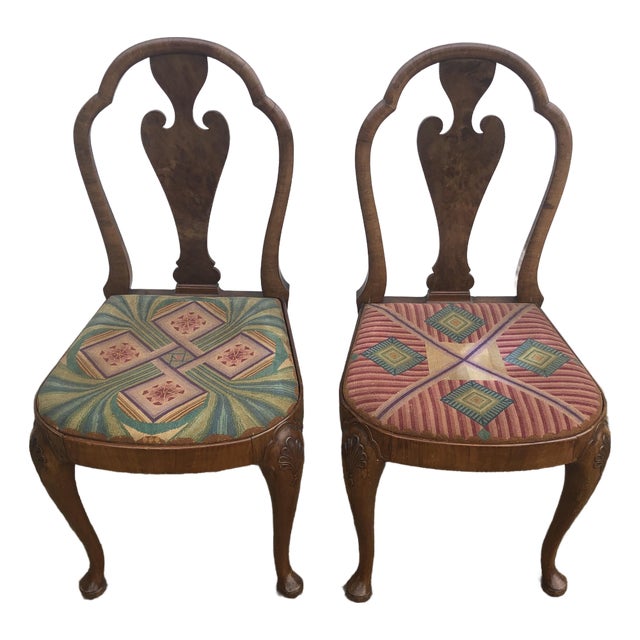 Early Twentieth Century Antique Queen Anne Revival Side Chairs With Original Tapestry/Needlepoint Upholstery, His and Hers, Near Pair For Sale