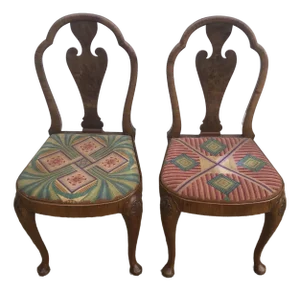 Early Twentieth Century Antique Queen Anne Revival Side Chairs With Original Tapestry/Needlepoint Upholstery, His and Hers, Near Pair