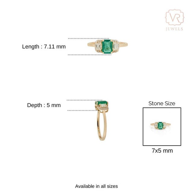 VRJewels 14k Yellow Gold 1ct Natural Zambian Emerald & Diamond Three-Stone Ring Size 9 For Sale - Image 9 of 13