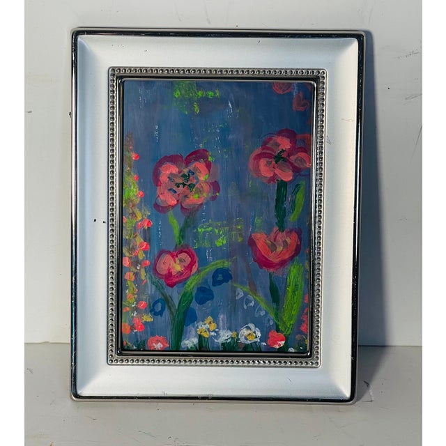 Lovely mini abstract mixed media on paper by Elia in enamel frame.