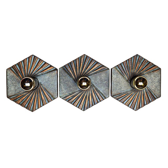 Exceptional hexagonal wall or ceiling light made of blue green golden ceramic, manufactured by hustadt leuchten in...