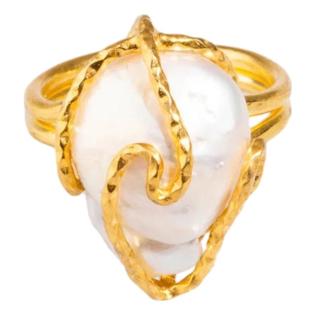 Baroque Pearl Gold Design Isis Chunky Ring, Size 4 For Sale