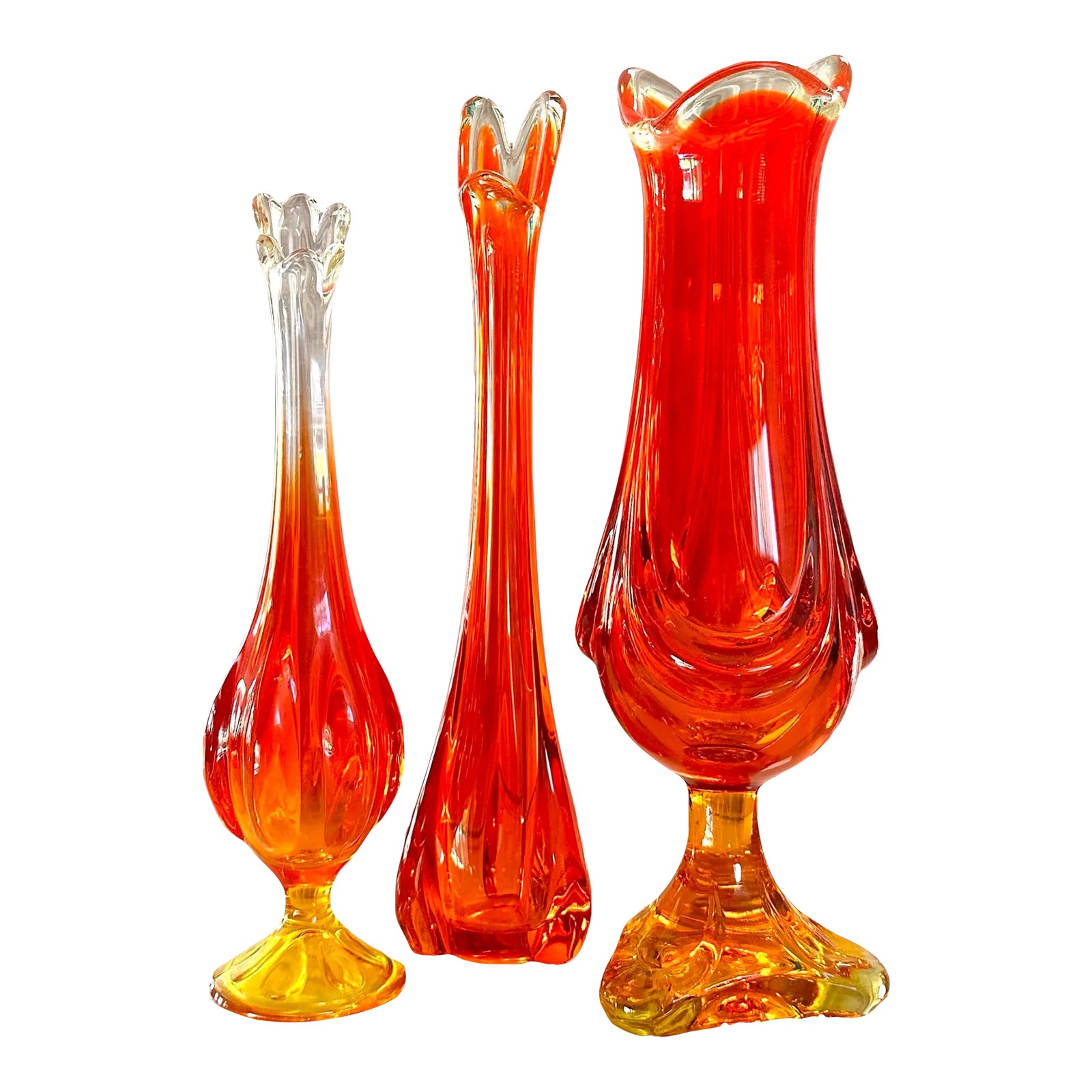 Mid Century Modern Orange / Amberlina Transparent Swung Glass Vases