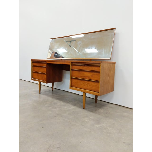 Authentic vintage mid century modern teak dressing table / vanity / desk with mirror. By Austinsuite. Maker's label inside...