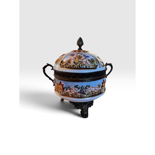 Ceramic 1960s French Hand-Painted Porcelain Cherub Bonbonnière With Ormolu Mounts For Sale - Image 7 of 10