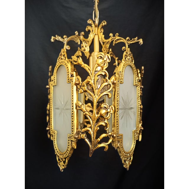 Vintage Brass Chandelier Pendant Light French Style Floral Glass Ceiling Fixture For Sale - Image 6 of 12