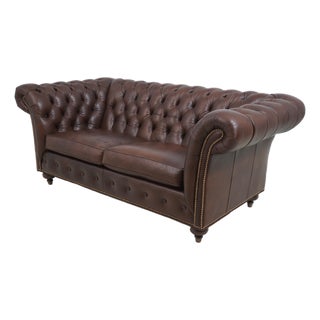 Ethan Allen Tufted Brown Leather Chesterfield Sofa For Sale
