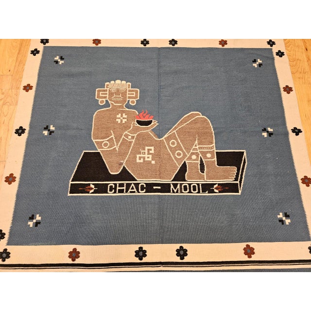 Vintage Southwestern Texcoco Saltillo Blanket Kilim, Mexican Deity Motif, Royal Blue, 4x6 For Sale - Image 10 of 16