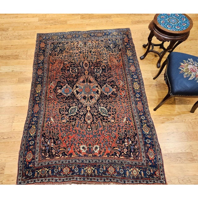Salmon Early 20th Century Persian Bidjar Rug, Hand-Knotted Wool, Medallion Geometric Pattern, Red & Blue, 5x7 For Sale - Image 8 of 18
