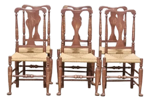 Mid 20th Century Set of 6 Primitive Red Painted Queen Anne Style Dining Chairs With Rush Seats