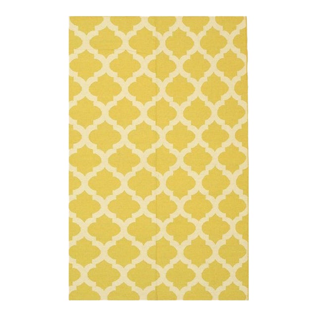5x8 Yellow Flat Weave Wool Ogee Lattice Geometric Modern Carpet Rug For Sale