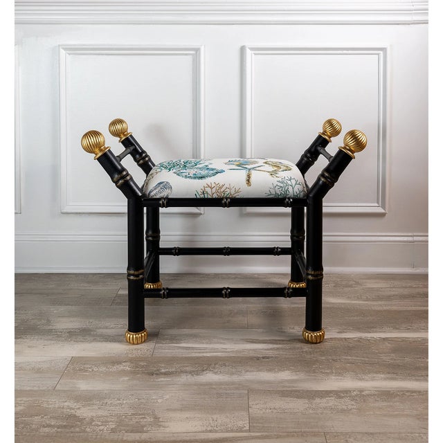 Boca is our hollywood regency style bench with features a bamboo frame and contrast metal gold leaf fluted ball finials...