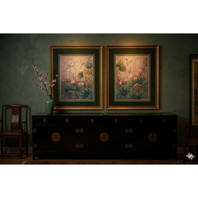 Chinese 1990s Print of Chinese Screen With Lotus Blooms and Cranes by Japanese Artist Yuki - Set of 2 For Sale - Image 3 of 4