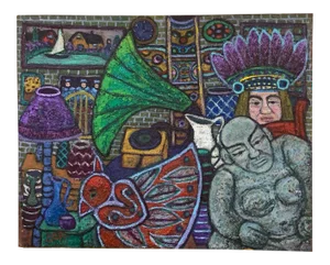 Mid 20th Century "Indian and Buddha" Spiritual Items Still Life Painting by Bea Haverbusch