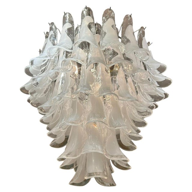 Magnificent Italian ceiling lamp from the 1980s, crafted from Murano glass and designed to resemble white calla lily...