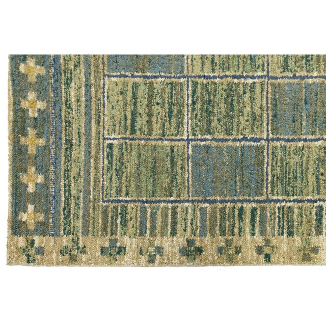 Modern Swedish-Style Flatweave Wool Rug – Moss Green & Slate Blue Geometric Grid For Sale - Image 4 of 10