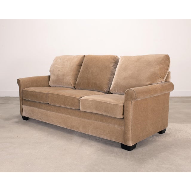 Three Seat Rolled-Arm Sofa and Ottoman in Camel Velvet Us Made For Sale In Sacramento - Image 6 of 18