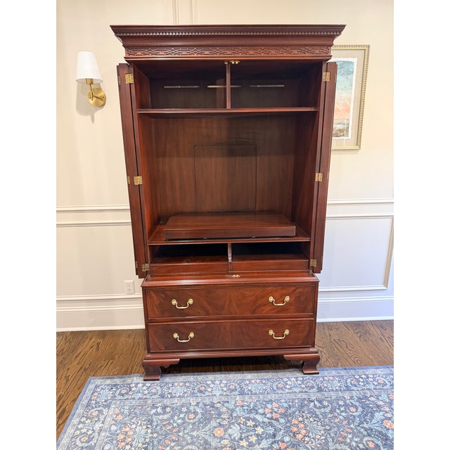 Brown 1990s Henkel Harris Flame Mahogany Chippendale Tv Armoire – Style 1246, Finish #29 For Sale - Image 8 of 12