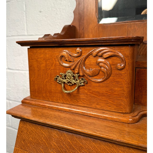 Early 19th Century Early 19th Century Victorian Antique Golden Oak Slant Front Secretary Desk Etagere For Sale - Image 5 of 16