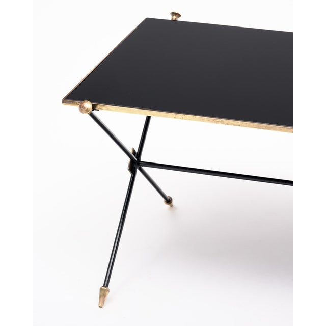 Mid-Century Modern French Mid-Century Black Glass, Iron and Brass Coffee Table For Sale - Image 3 of 9