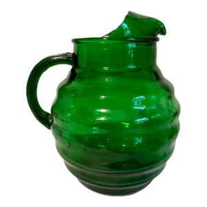 Vintage Mid Century Green Ribbed Glass Ball Pitcher W/Ice Lip 96 Oz