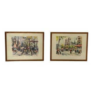 Marius Girard Parisian Cityscape Watercolor Paintings, Set of 2 For Sale