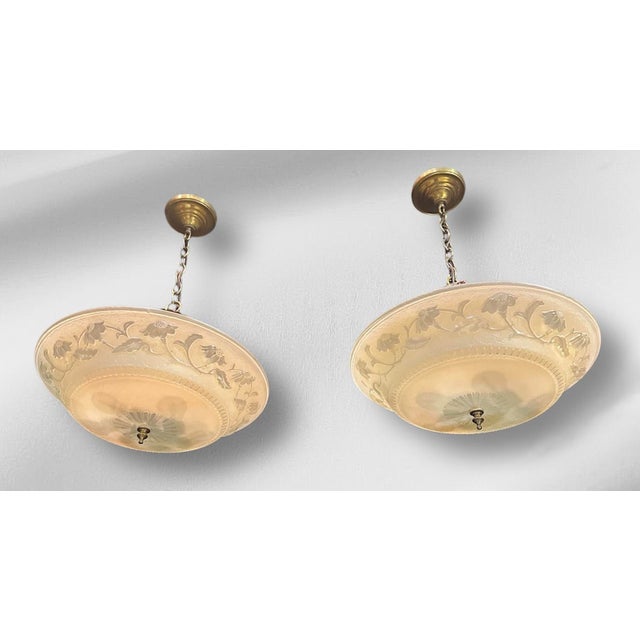 1930s Art Nouveaou Chandeliers With Cream Floral Shades - Set of Two For Sale - Image 14 of 15