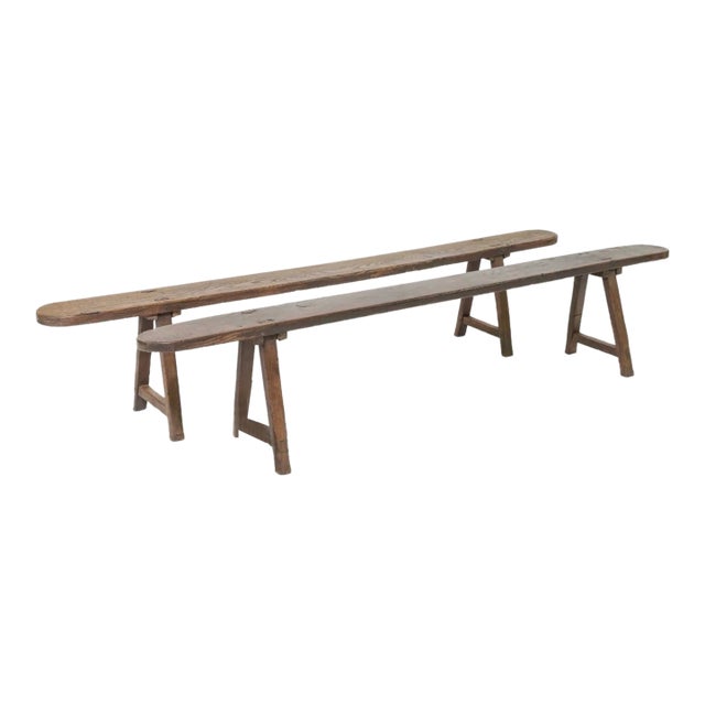 19th Century French Pair of Solid Oak Farmhouse Benches For Sale