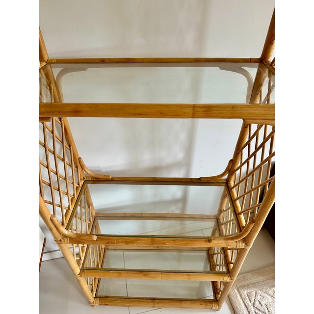 Tan Boho Chic Mid Century Vintage Bamboo 5 Tier Glass Shelf / Etagere For Sale - Image 8 of 8