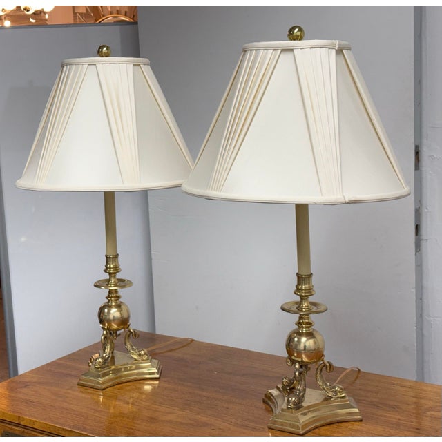 Neoclassical Vintage Frederick Cooper Neoclassical Brass Dolphin Table Lamps - Pair For Sale - Image 3 of 12