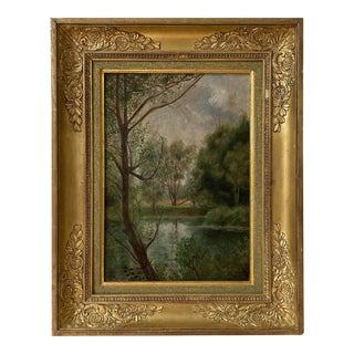 G. Senelier Landscape Artwork of Trees Near a Body of Water in Elegant Gold Frame For Sale