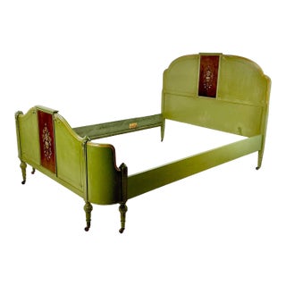 1920s Antique French Louis XV Neoclassical Olive Green Full Bedframe For Sale