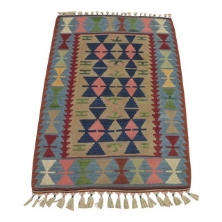1960s Turkish Blue Hand Knotted Kilim Rug For Sale