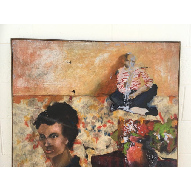 Beautiful vintage oil painting on canvas. Female and male portrait, with floral still life. Measures 34” x 36”. Signed...