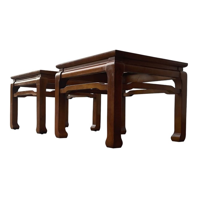 Pair of Mid 20th century Chinese Chippendale Elegance – Vintage Hardwood & Beveled Glass End Tables For Sale
