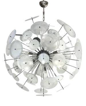Chromed Sputnik Chandelier with Venied-White Alabastro Murano Glass Discs by Simoeng