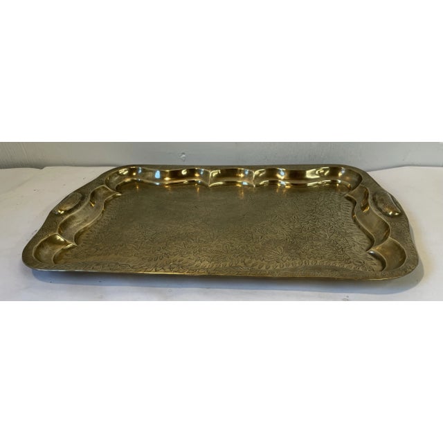 Mid 20th Century Vintage Brass Scalloped Edge Etched Tray For Sale - Image 5 of 12