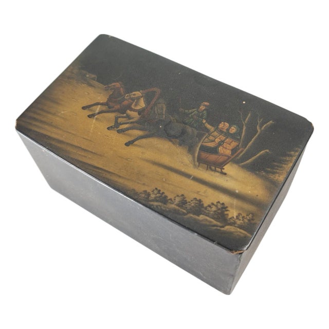 19th Century Imperial Russian Lacquer Tea Caddy Box With Sleigh Scene For Sale