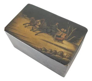 19th Century Imperial Russian Lacquer Tea Caddy Box With Sleigh Scene