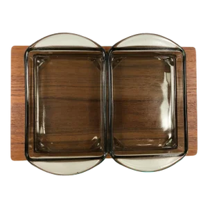 Mid Century Danish Teak Tray With 2 Smoke Glass Appetizer Dishes by Kjeni