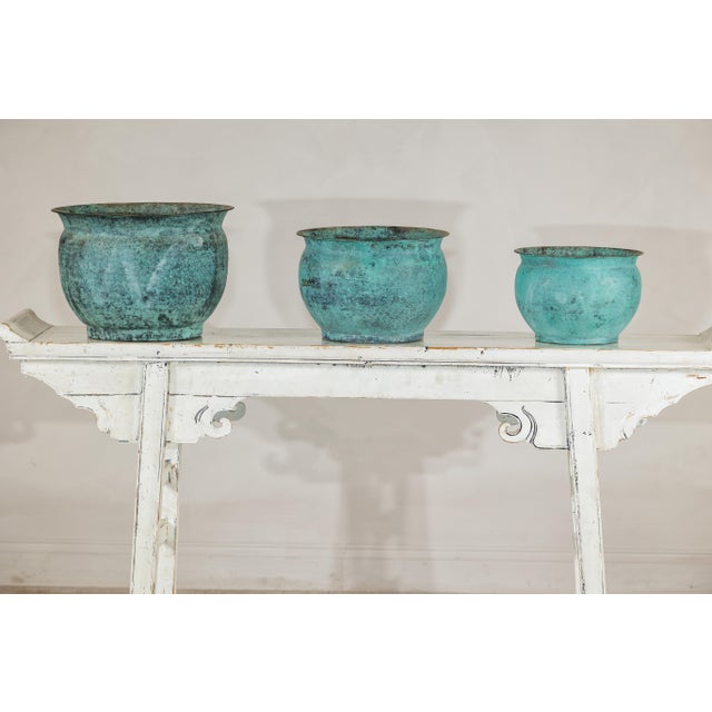 Vintage Indian Copper Cachepots with Aged Turquoise Patina -Set of 3 For Sale - Image 16 of 18